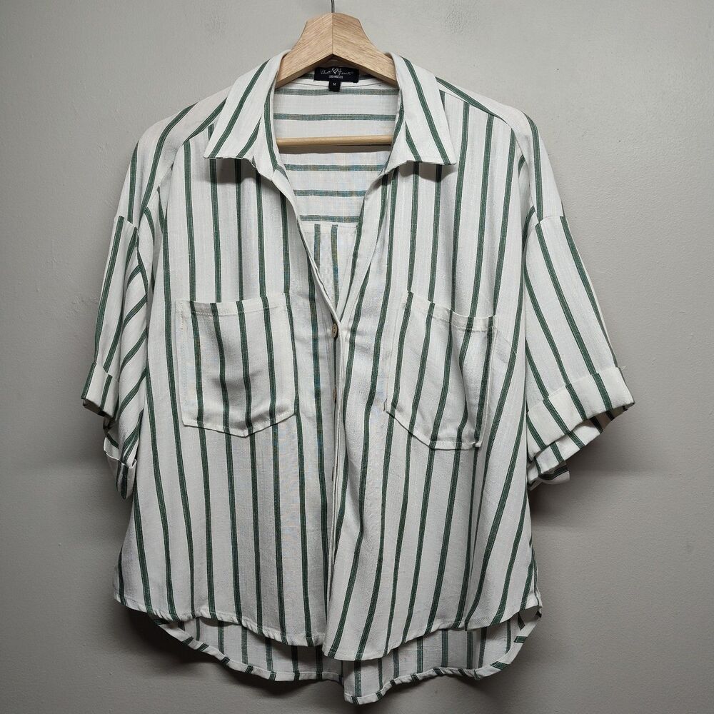 Velvet Heart Blouse Top Women M Green Stripe Cropped Short Sleeve Minimalist